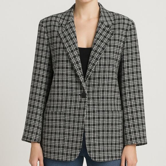 Vintage Jackets & Blazers - 70s/80s Vintage Black & White Plaid Blazer Size XL Single Breasted Corpcore Work